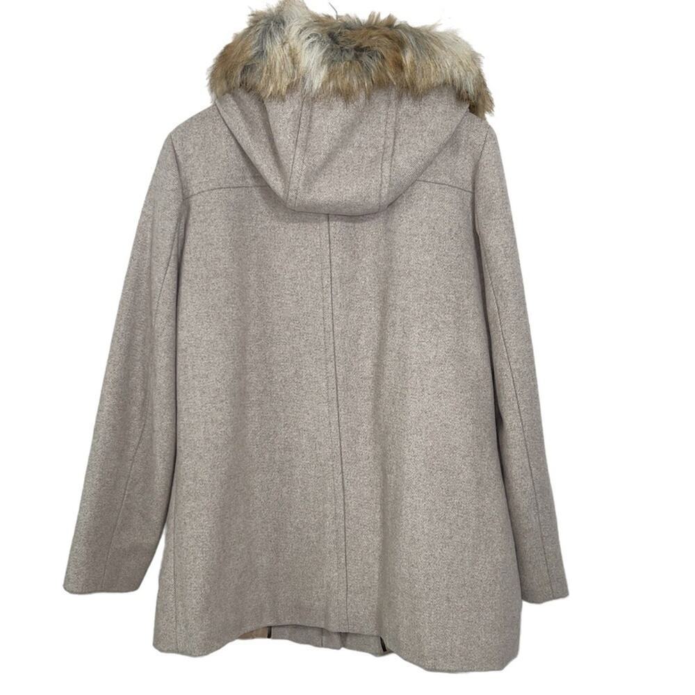 Calvin Klein NWT Tan Herringbone Wool Coat Faux Fur Hood Size L - Picture 3 of 11